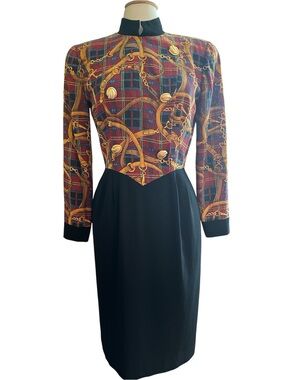 Vintage Black & Red Plaid Gold Chain-Print Long-Sleeve Sheath Midi Dress Size